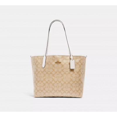 Reversible City Tote In Signature Canvas - Khaki/White