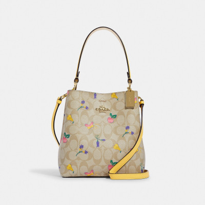 Small Town Bucket Bag In Signature Canvas With Dreamy Veggie Print - Gold/Light Khaki/Retro Yellow