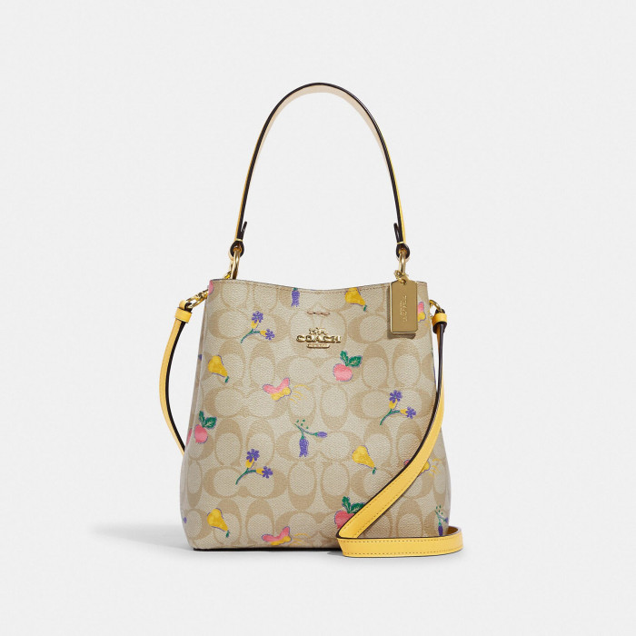 Small Town Bucket Bag In Signature Canvas With Dreamy Veggie Print - Gold/Light Khaki/Retro Yellow