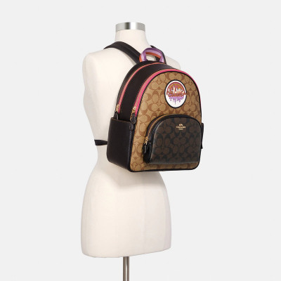 Court Backpack In Blocked Signature Canvas With Souvenir Patches – Khaki/Brown Multi