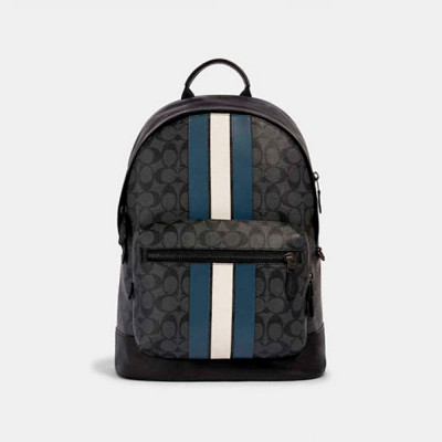 West Backpack In Signature Canvas With Varsity Stripe - Gunmetal/Charcoal/Denim/Chalk