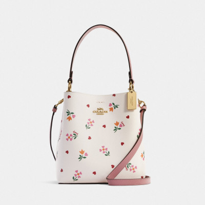 Small Town Bucket Bag With Heart Petal Print - Gold/Chalk Multi