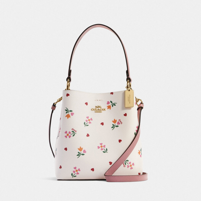 Small Town Bucket Bag With Heart Petal Print - Gold/Chalk Multi