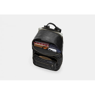 West Backpack In Signature Canvas With Varsity Stripe - Gunmetal/Charcoal/Denim/Chalk