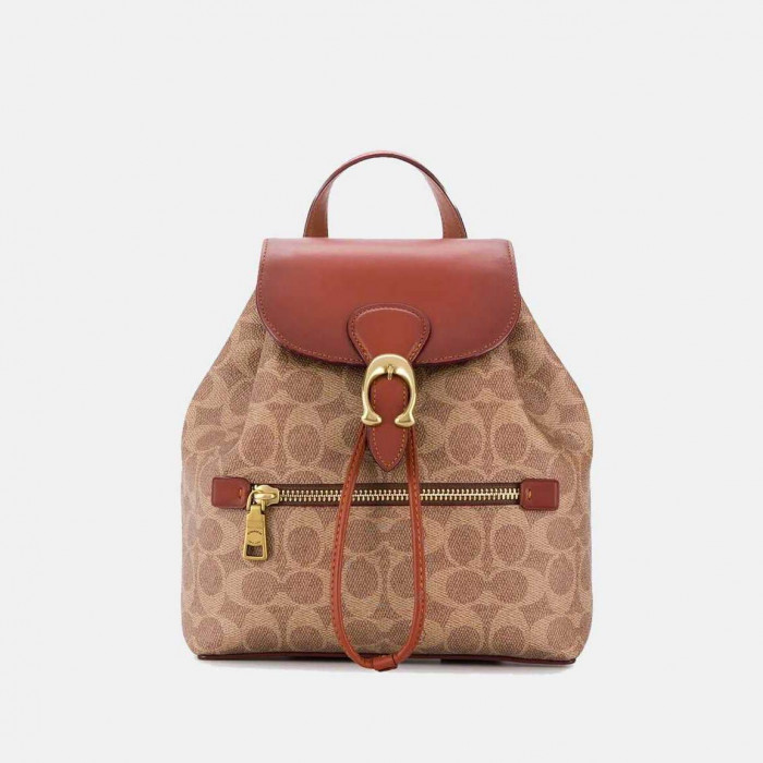 Evie Backpack In Signature Canvas - Tan/Rust/Brass