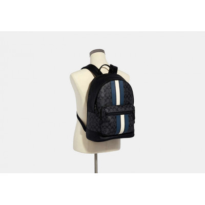 West Backpack In Signature Canvas With Varsity Stripe - Gunmetal/Charcoal/Denim/Chalk