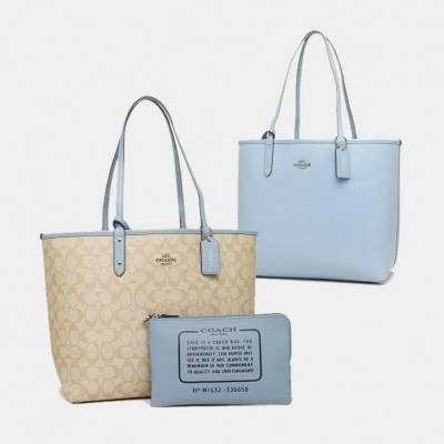 Reversible City Tote In Signature Canvas - Khaki/Cornflower