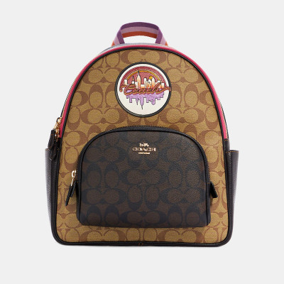Court Backpack In Blocked Signature Canvas With Souvenir Patches – Khaki/Brown Multi