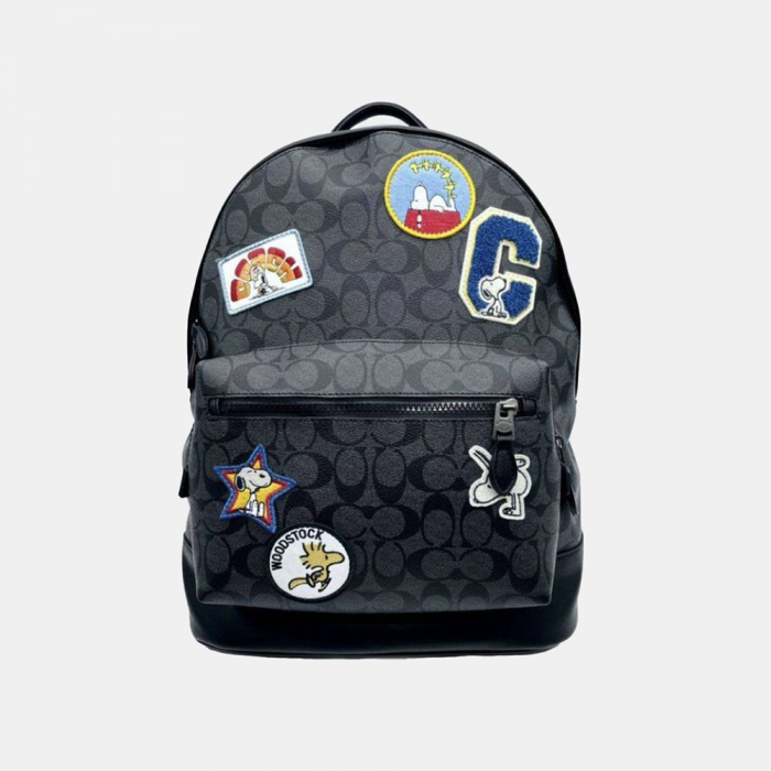 Snoopy Court Backpack In Signature Canvas With Patches – Charcoal/Black