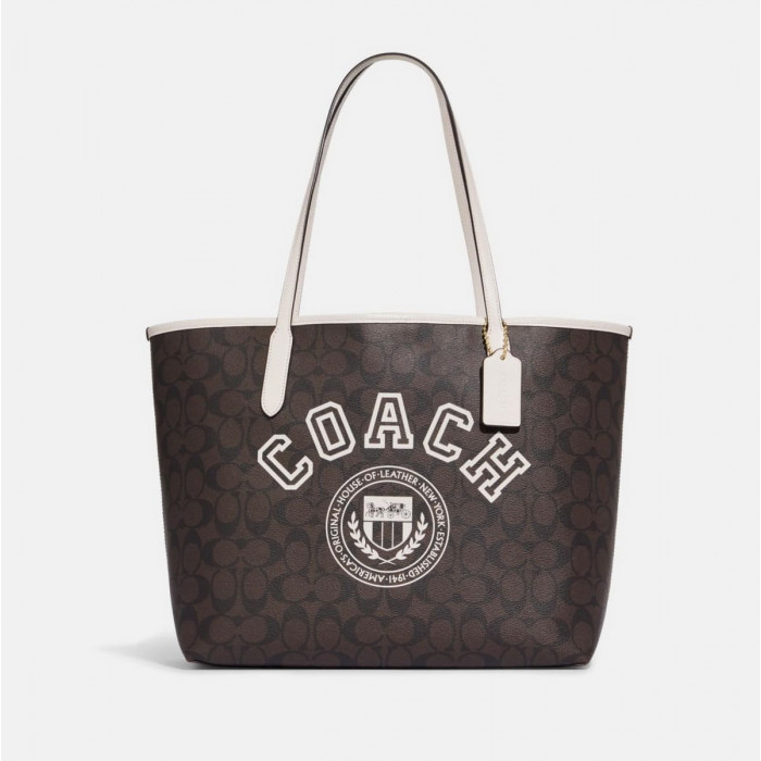 City Tote In Signature Canvas With Varsity Motif - Brown/Chalk Multi