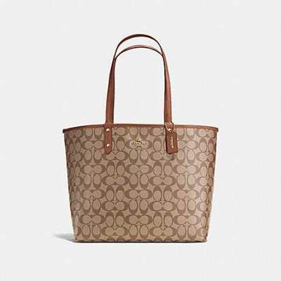 Reversible City Tote In Signature Canvas - Khaki/Saddle