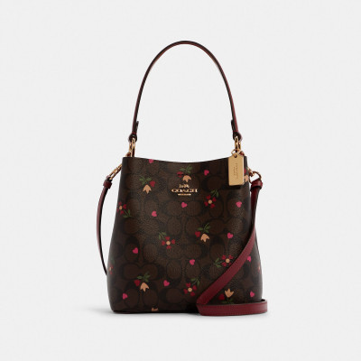 Small Town Bucket Bag In Signature Canvas With Heart Petal Print - Gold/Brown Multi