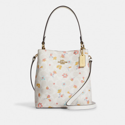 Small Town Bucket Bag In Signature Canvas With Mystical Floral Print - Gold/Chalk Multi