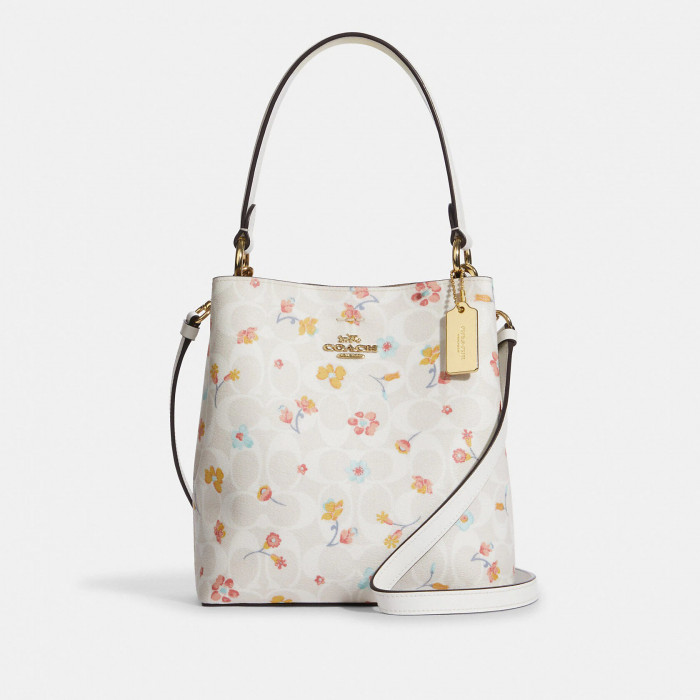 Small Town Bucket Bag In Signature Canvas With Mystical Floral Print - Gold/Chalk Multi