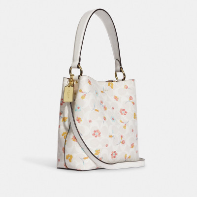 Small Town Bucket Bag In Signature Canvas With Mystical Floral Print - Gold/Chalk Multi