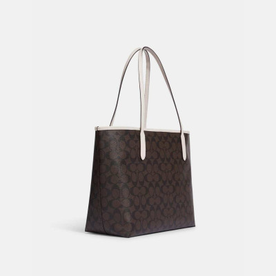 City Tote In Signature Canvas With Varsity Motif - Brown/Chalk Multi
