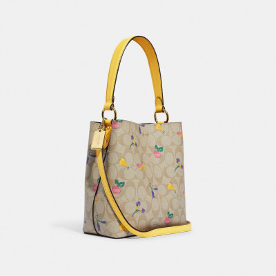 Small Town Bucket Bag In Signature Canvas With Dreamy Veggie Print - Gold/Light Khaki/Retro Yellow