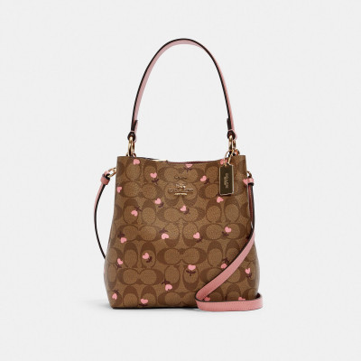 Small Town Bucket Bag In Signature Canvas With Heart Floral Print - Im/Khaki Red Multi Wine
