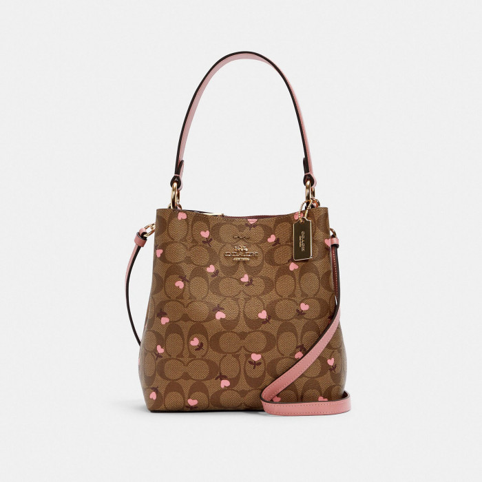 Small Town Bucket Bag In Signature Canvas With Heart Floral Print - Im/Khaki Red Multi Wine