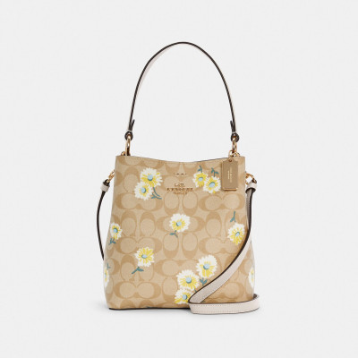 Small Town Bucket Bag In Signature Canvas With Daisy Print - Gold/Light Khaki Multi/Chalk