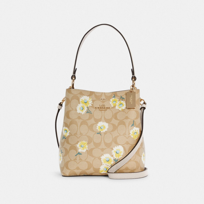 Small Town Bucket Bag In Signature Canvas With Daisy Print - Gold/Light Khaki Multi/Chalk