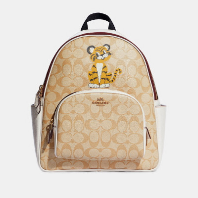 Court Backpack In Signature Canvas With Tiger – Light Khaki/Chalk