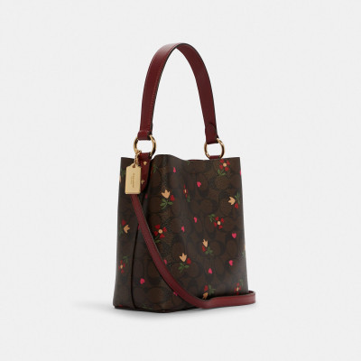 Small Town Bucket Bag In Signature Canvas With Heart Petal Print - Gold/Brown Multi
