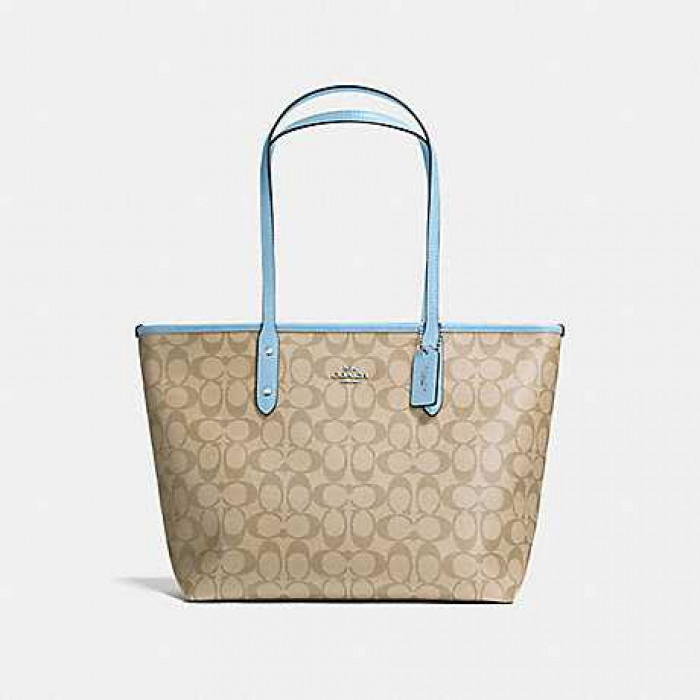 Reversible City Tote In Signature Canvas - Khaki/Cornflower
