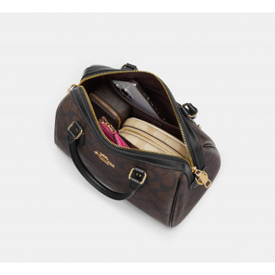 Rowan Satchel Bag In Signature Canvas - Gold/Brown Black