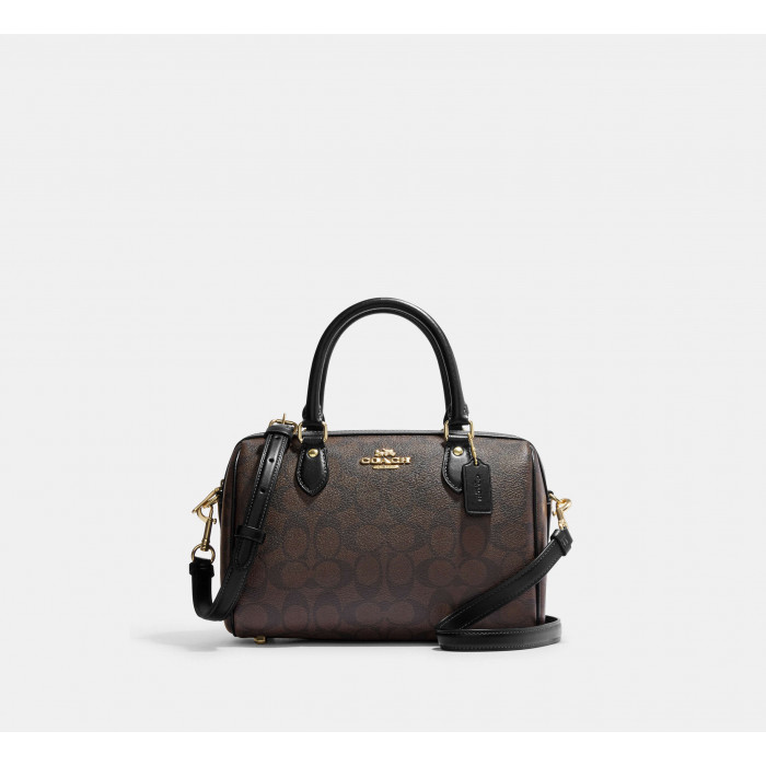 Rowan Satchel Bag In Signature Canvas - Gold/Brown Black