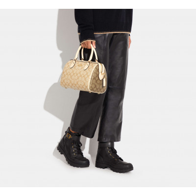 Rowan Satchel Bag In Blocked Signature Canvas - Gold/Light Khaki Multi